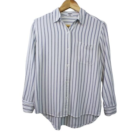 Sunday Best Aritzia SZ S White With Blue Stripes Soft Button Down Shirt - Picture 2 of 5